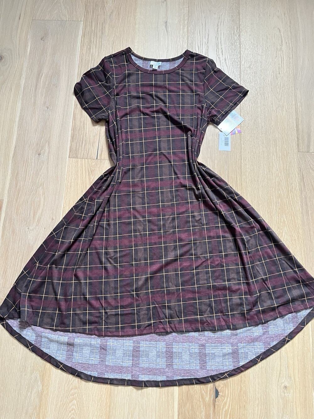 NWT New LulaRoe Carly Dress M Tartan Plaid Striped Chevron Geometric Hi Lo Swing